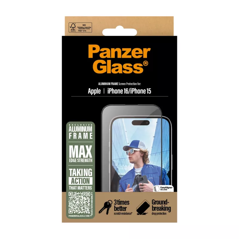 PanzerGlass ® ochrana displeja hliníkový rám iPhone 16 | 15 | Ultra-Wide Fit