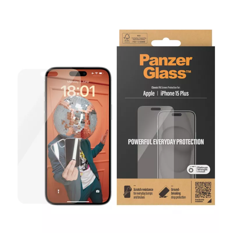 PanzerGlass® ochranná fólia displeja iPhone 15 Plus | Classic Fit, Apple, Apple - iPhone 15 Plus, suchá aplikácia, odolná proti poškriabaniu, odolná proti nárazom, transparentná, 1 kus