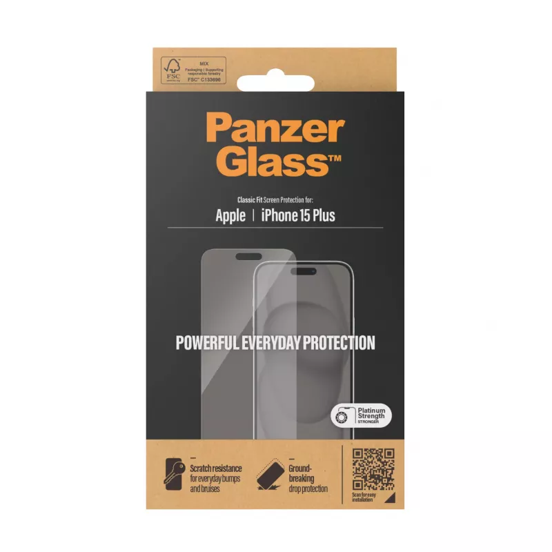 PanzerGlass® ochranná fólia displeja iPhone 15 Plus | Classic Fit, Apple, Apple - iPhone 15 Plus, suchá aplikácia, odolná proti poškriabaniu, odolná proti nárazom, transparentná, 1 kus