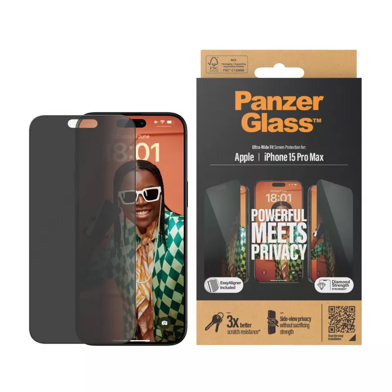 PanzerGlass ® ochrana súkromia displeja iPhone 15 Pro Max | Ultra-Wide Fit s EasyAligner