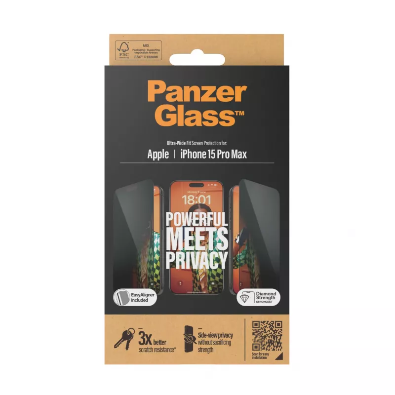 PanzerGlass ® ochrana súkromia displeja iPhone 15 Pro Max | Ultra-Wide Fit s EasyAligner