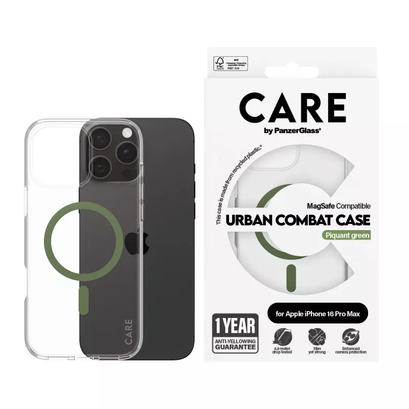 PanzerGlass CARE™ by ® Urban Combat puzdro transparentné so zeleným MagSafe pre iPhone 16 Pro Max