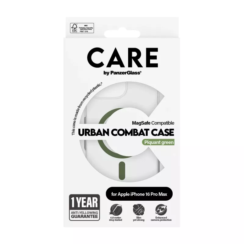 PanzerGlass CARE™ by ® Urban Combat puzdro transparentné so zeleným MagSafe pre iPhone 16 Pro Max