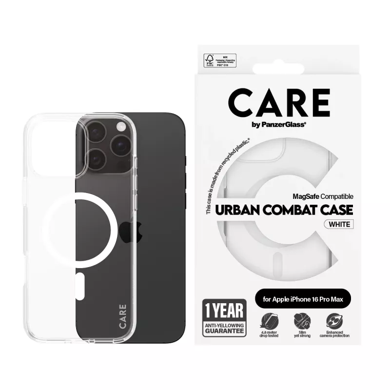 PanzerGlass CARE™ by ® Urban Combat puzdro transparentné s bielym MagSafe pre iPhone 16 Pro Max