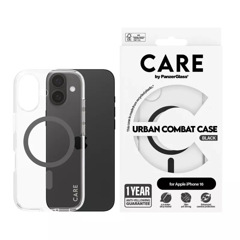 PanzerGlass CARE™ by ® Urban Combat puzdro transparentné s čiernym MagSafe pre iPhone 16