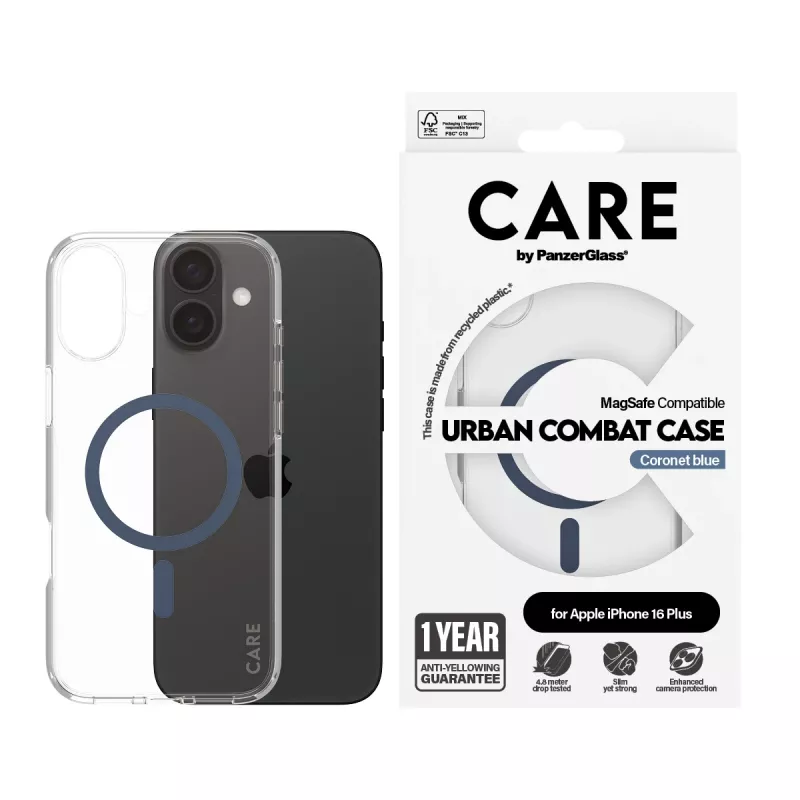 PanzerGlass CARE™ by ® Urban Combat puzdro transparentné s modrým MagSafe iPhone 16 Plus