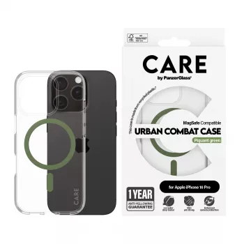 PanzerGlass CARE™ by ® Urban Combat puzdro transparentné so zeleným MagSafe iPhone 16 Pro