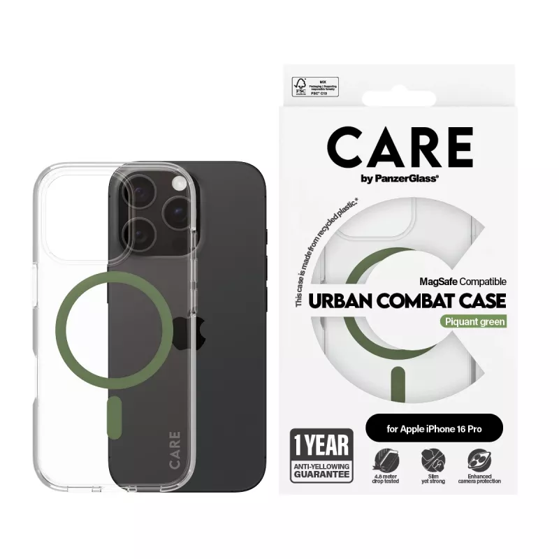 PanzerGlass CARE™ by ® Urban Combat puzdro transparentné so zeleným MagSafe iPhone 16 Pro