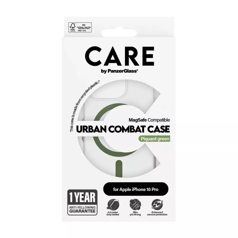 PanzerGlass CARE™ by ® Urban Combat puzdro transparentné so zeleným MagSafe iPhone 16 Pro