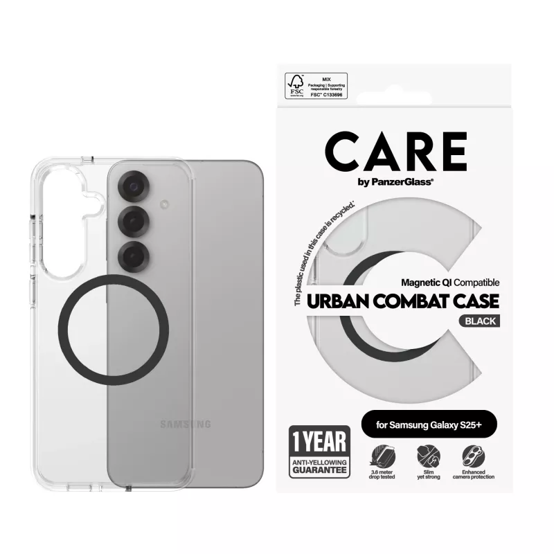 PanzerGlass CARE™ by ® Urban Combat puzdro transparentné s čiernym Qi kompatibilné Samsung Galaxy S25+