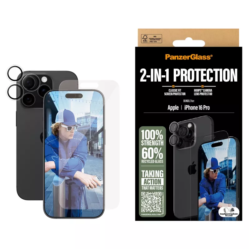 PanzerGlass® 2-in-1 balenie iPhone 16 Pro, Apple, Apple - iPhone 16 Pro, suchá aplikácia, odolné proti poškriabaniu, nárazuvzdorné, transparentné, 1 ks