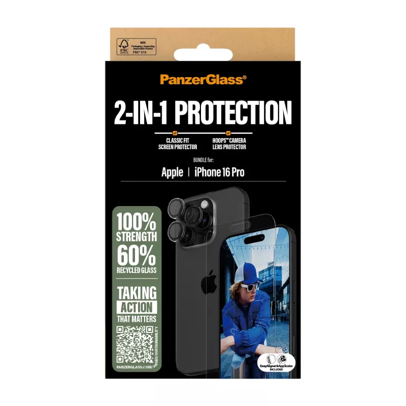PanzerGlass® 2-in-1 balenie iPhone 16 Pro, Apple, Apple - iPhone 16 Pro, suchá aplikácia, odolné proti poškriabaniu, nárazuvzdorné, transparentné, 1 ks