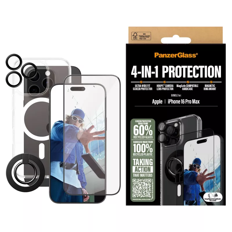 PanzerGlass ® 4-in-1 ochranný balík iPhone 16 Pro Max, Apple, Apple - iPhone 16 Pro Max, suchá aplikácia, odolné proti poškriabaniu, nárazuvzdorné, transparentné, 1 ks