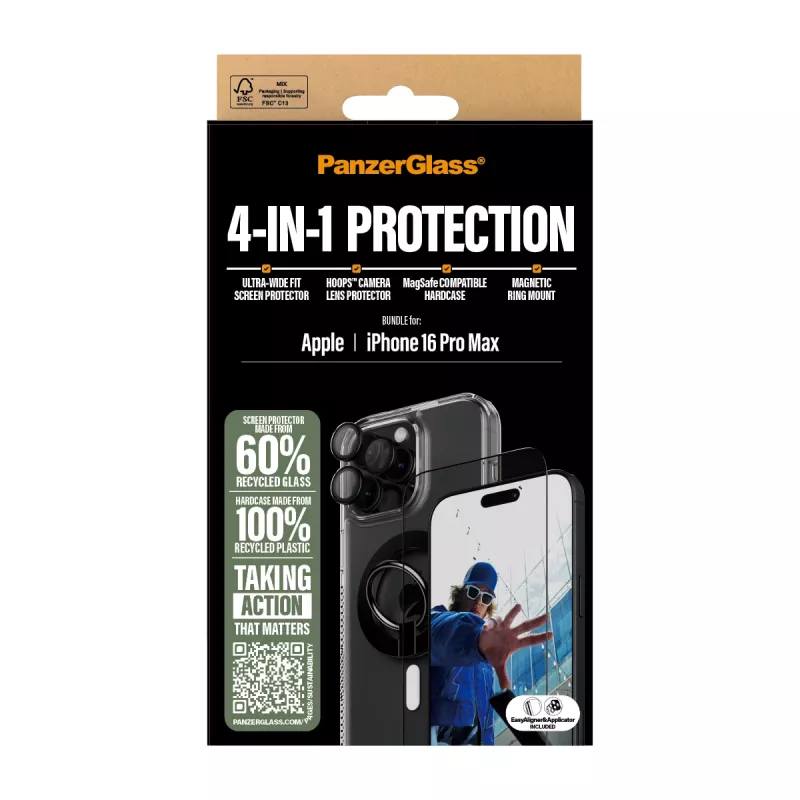 PanzerGlass ® 4-in-1 ochranný balík iPhone 16 Pro Max, Apple, Apple - iPhone 16 Pro Max, suchá aplikácia, odolné proti poškriabaniu, nárazuvzdorné, transparentné, 1 ks