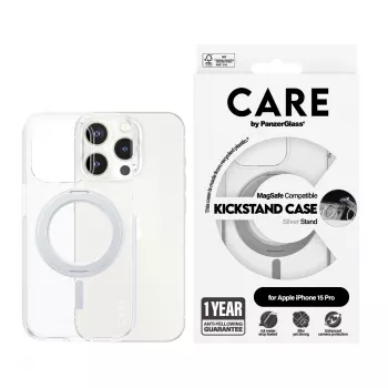 PanzerGlass CARE™ by ® puzdro transparentné so strieborným stojanom & MagSafe iPhone 15 Pro
