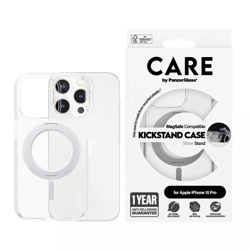 PanzerGlass CARE™ by ® puzdro transparentné so strieborným stojanom & MagSafe iPhone 15 Pro