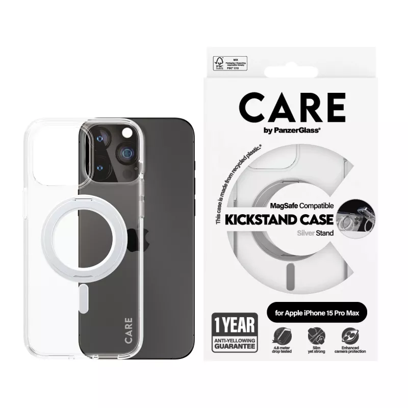 PanzerGlass CARE™ by ® puzdro transparentné so strieborným stojanom & MagSafe iPhone 15 Pro Max