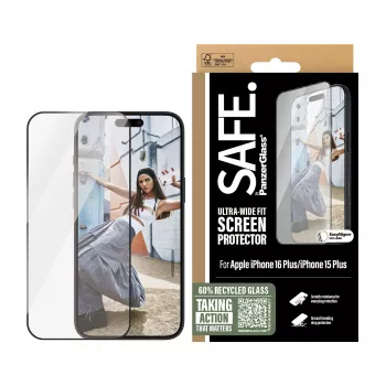 PanzerGlass SAFE. by ® ochrana displeja s čiernym rámikom iPhone 16 Plus | 15 Plus | Ultra-Wide Fit