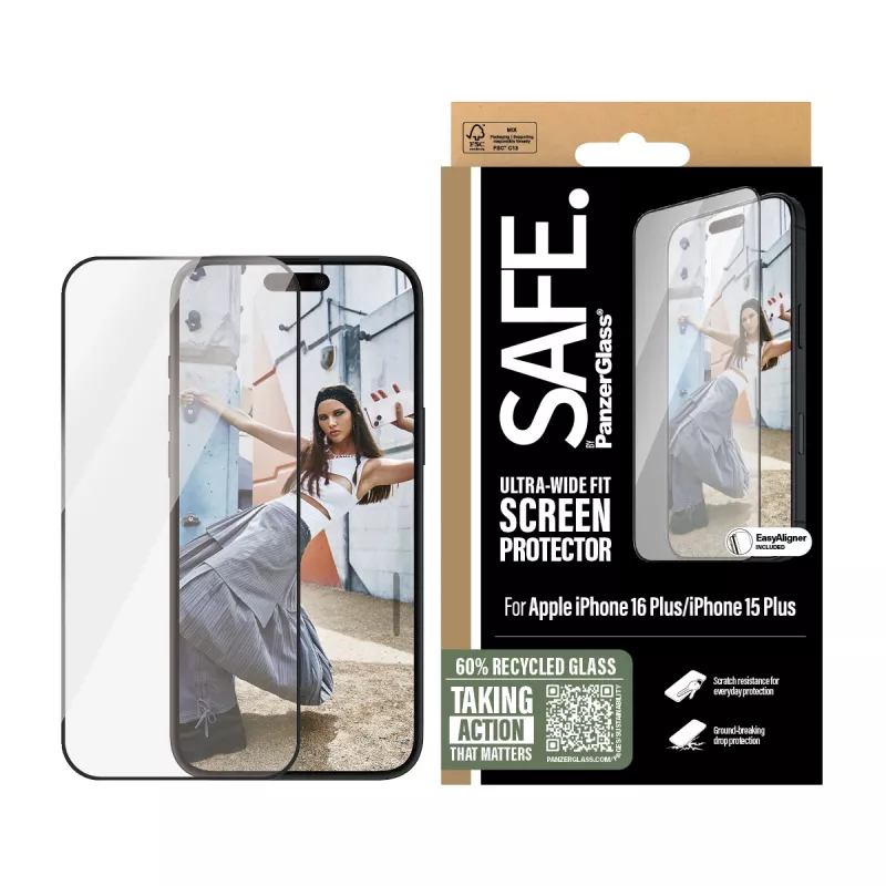 PanzerGlass SAFE. by ® ochrana displeja s čiernym rámikom iPhone 16 Plus | 15 Plus | Ultra-Wide Fit
