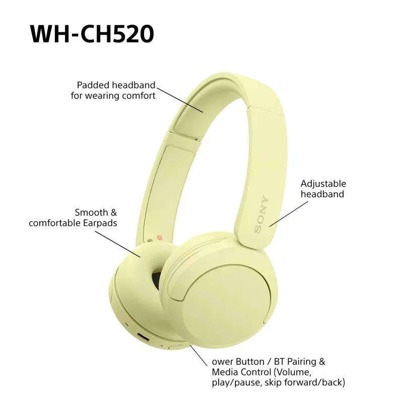 Sony WHCH520Y.CE7, bezdrôtový, hovory/hudba, 20 - 20000 Hz, 147 g, headset, žltá
