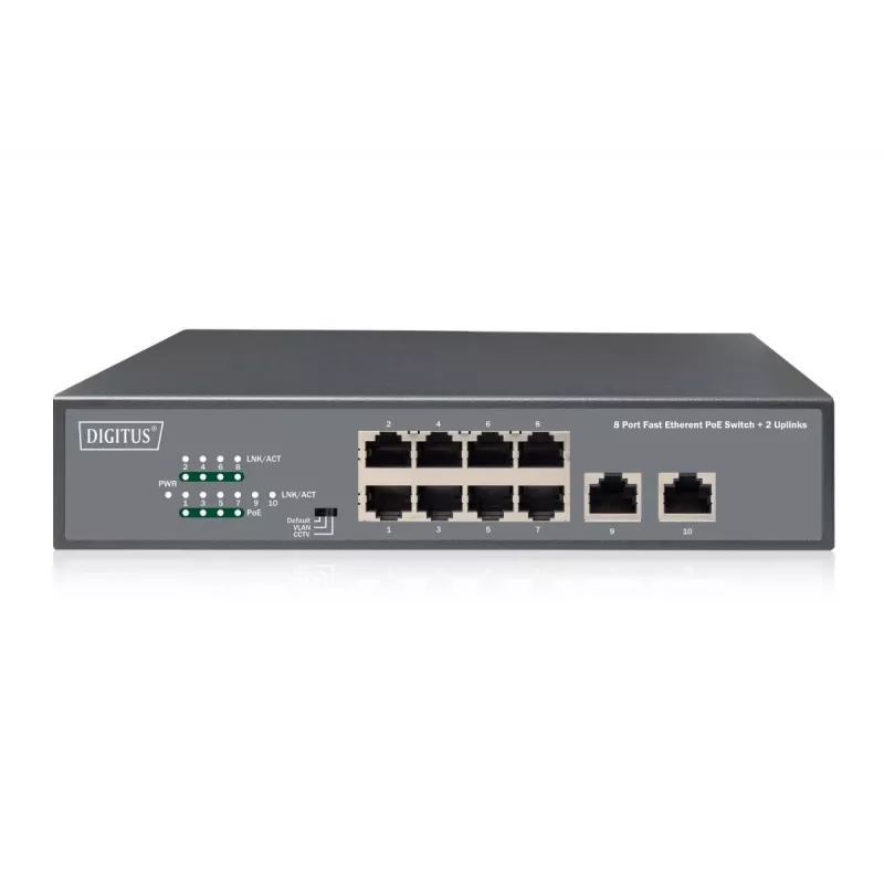DIGITUS Fast Ethernet PoE af/at 8-portový switch + 2 uplinky 120W PoE rozpočet, rackový
