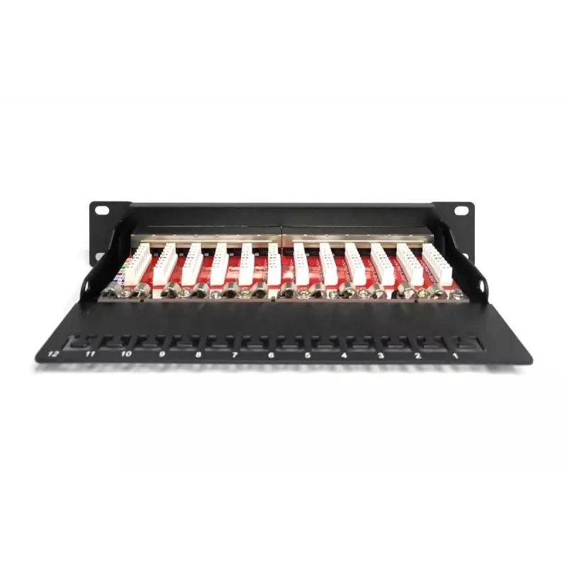 DIGITUS CAT6A patch panel, tienený, 12-portový pole na označenie, 1U, 10 inch racková montáž, čierny RAL 9005