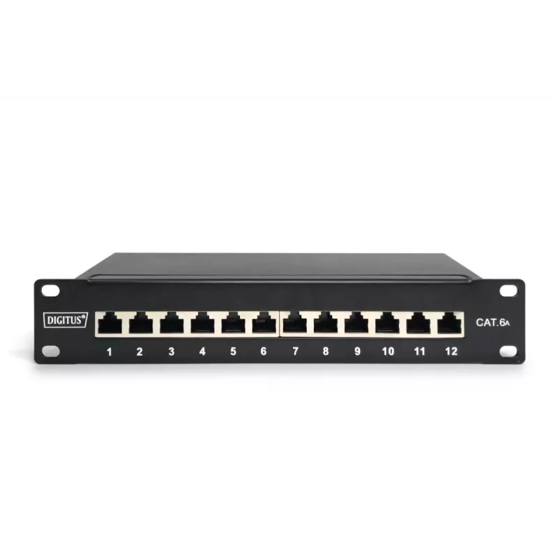 DIGITUS CAT6A patch panel, tienený, 12-portový pole na označenie, 1U, 10 inch racková montáž, čierny RAL 9005