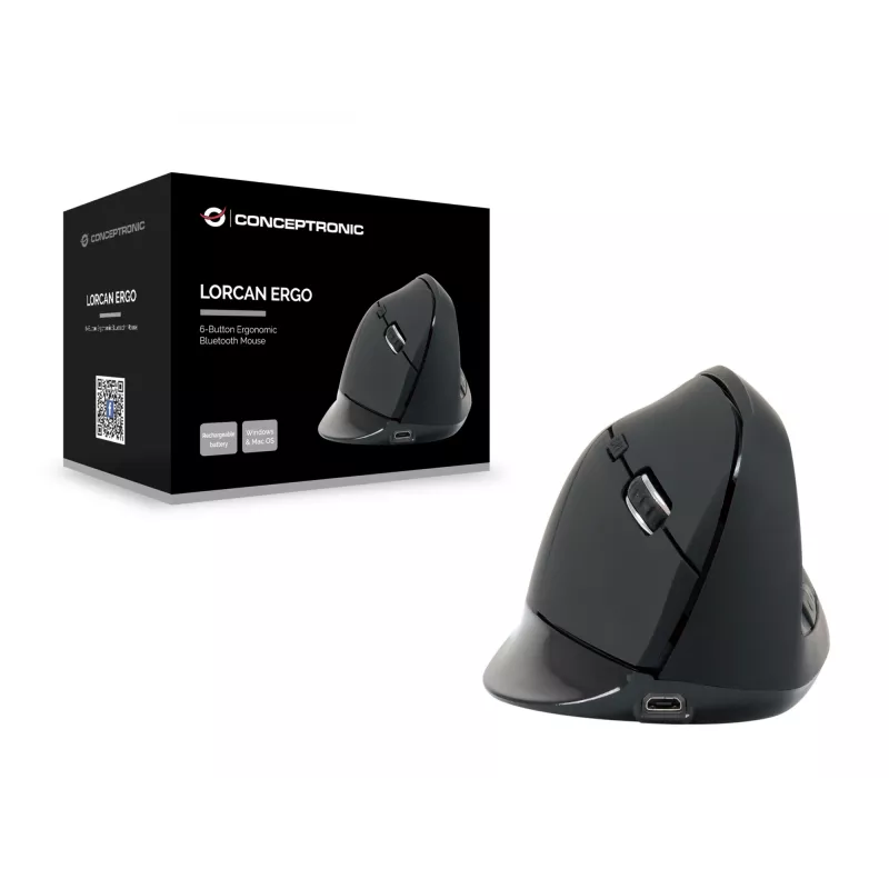 Conceptronic LORCAN ERGO 6-tlačidlové ergonomické Bluetooth myš, pre pravákov, vertikálny dizajn, optická, Bluetooth, 1600 DPI, čierna