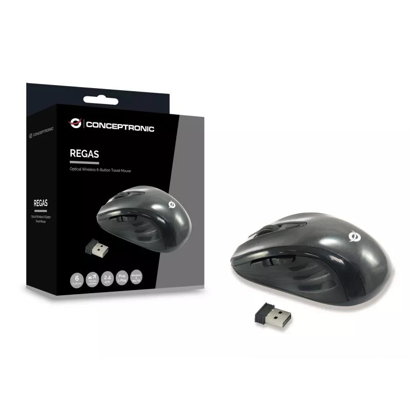 Conceptronic CLLM5BTRVWL bezdrôtová 6-tlačidlové cestovná myš, pre pravákov, optická, RF Wireless, 1600 DPI, čierna