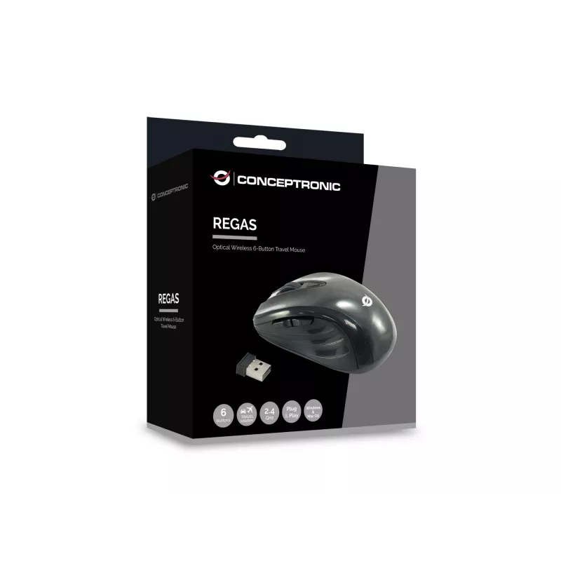 Conceptronic CLLM5BTRVWL bezdrôtová 6-tlačidlové cestovná myš, pre pravákov, optická, RF Wireless, 1600 DPI, čierna