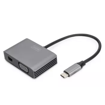 DIGITUS USB-C - mini DP + VGA adaptér, 20 cm 4K/30Hz, strieborná, hliníkové puzdro