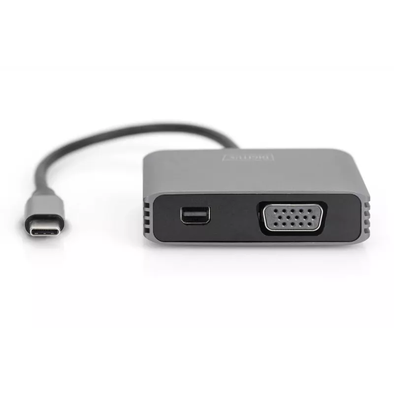 DIGITUS USB-C - mini DP + VGA adaptér, 20 cm 4K/30Hz, strieborná, hliníkové puzdro