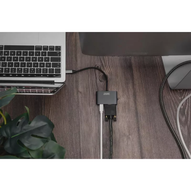 DIGITUS USB-C - mini DP + VGA adaptér, 20 cm 4K/30Hz, strieborná, hliníkové puzdro