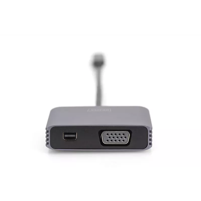 DIGITUS USB-C - mini DP + VGA adaptér, 20 cm 4K/30Hz, strieborná, hliníkové puzdro