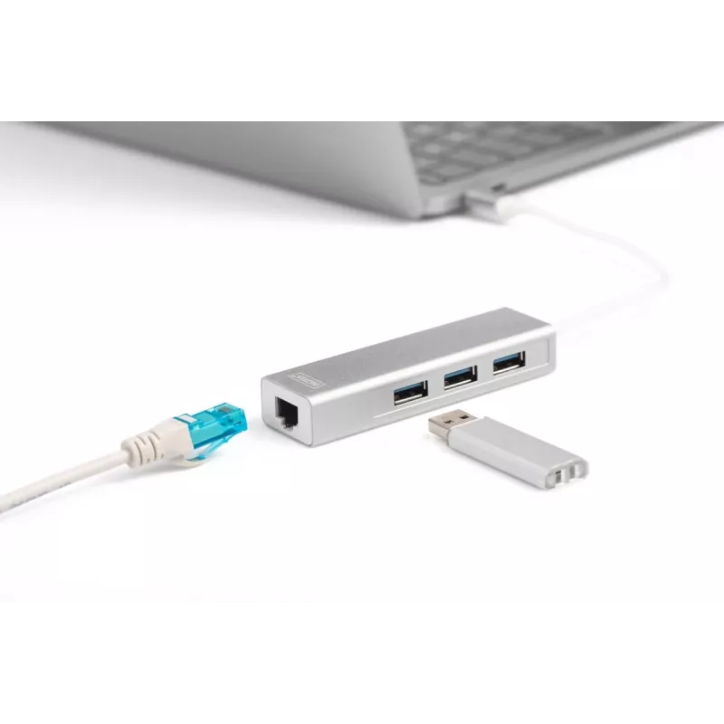 DIGITUS 3 port USB 3.0 Type-C hub s Gigabit Ethernet 3x USB A/F,1xUSB C/M,1x RJ45 LAN
