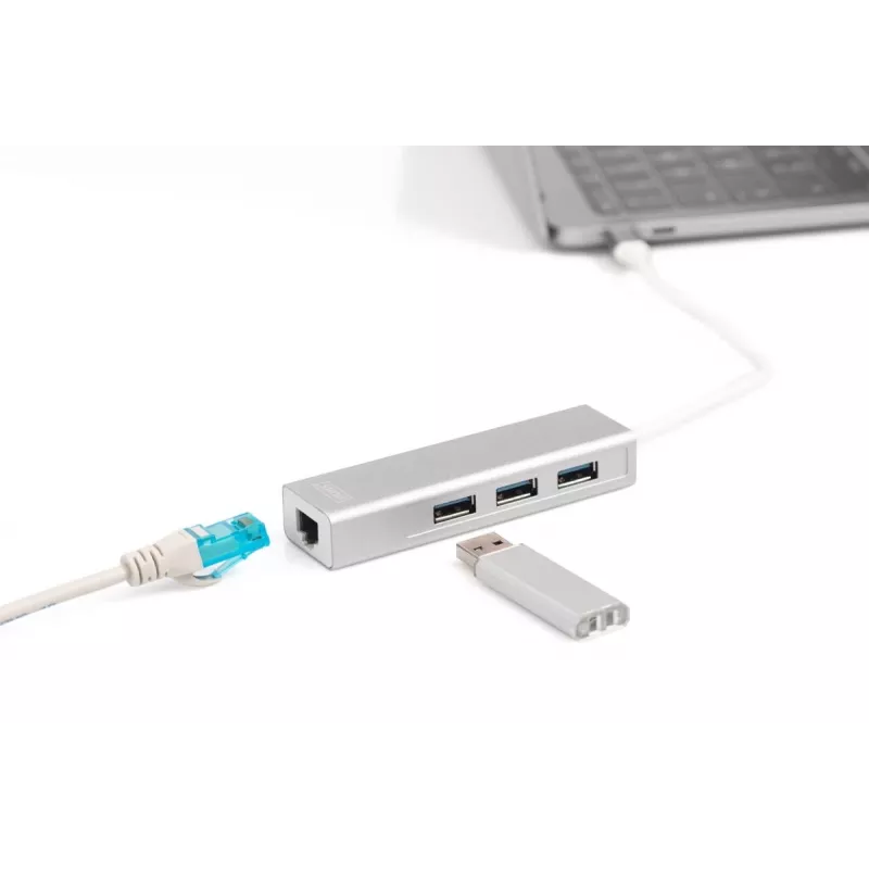 DIGITUS 3 port USB 3.0 Type-C hub s Gigabit Ethernet 3x USB A/F,1xUSB C/M,1x RJ45 LAN