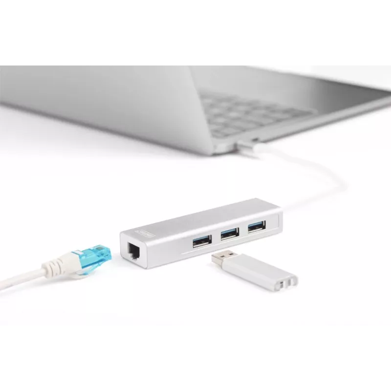DIGITUS 3 port USB 3.0 Type-C hub s Gigabit Ethernet 3x USB A/F,1xUSB C/M,1x RJ45 LAN