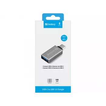 Sandberg USB-C na USB 3.0 dongle, USB 3.2 Gen 1 (3.1 Gen 1) Type-C, USB 3.2 Gen 1 (3.1 Gen 1) Type-A, strieborná, hliník, 5 g, 80 mm