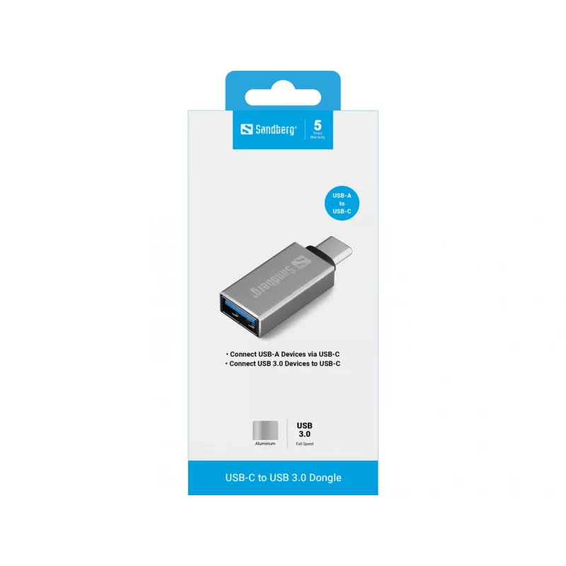 Sandberg USB-C na USB 3.0 dongle, USB 3.2 Gen 1 (3.1 Gen 1) Type-C, USB 3.2 Gen 1 (3.1 Gen 1) Type-A, strieborná, hliník, 5 g, 80 mm