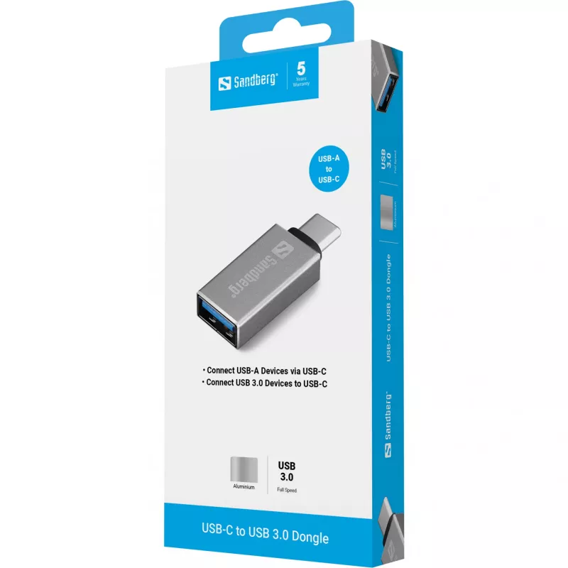 Sandberg USB-C na USB 3.0 dongle, USB 3.2 Gen 1 (3.1 Gen 1) Type-C, USB 3.2 Gen 1 (3.1 Gen 1) Type-A, strieborná, hliník, 5 g, 80 mm