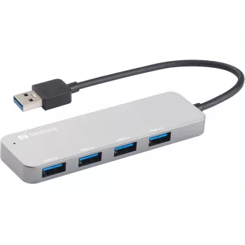 Sandberg USB 3.0 hub 4 porty SAVER, USB 3.2 Gen 1 (3.1 Gen 1) Type-A, USB 3.2 Gen 1 (3.1 Gen 1) Type-A, 5000 Mbit/s, strieborný, hliník, 40 g