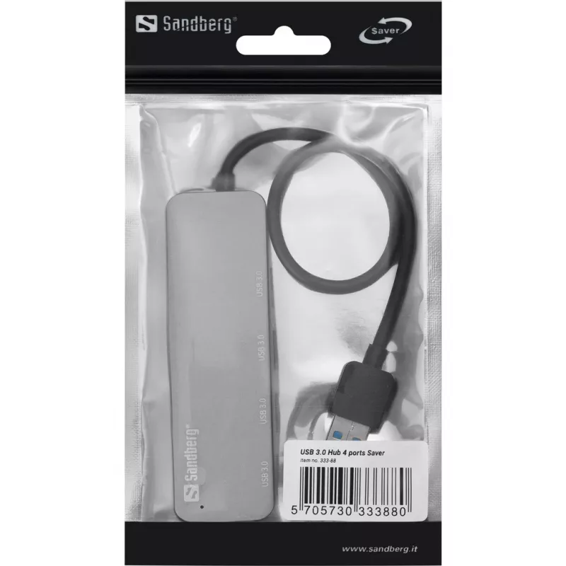 Sandberg USB 3.0 hub 4 porty SAVER, USB 3.2 Gen 1 (3.1 Gen 1) Type-A, USB 3.2 Gen 1 (3.1 Gen 1) Type-A, 5000 Mbit/s, strieborný, hliník, 40 g