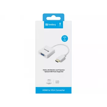 Sandberg HDMI na VGA konvertor, VGA (D-Sub), HDMI typ A (štandard), konektor samec, konektor samica, biela, RoHS