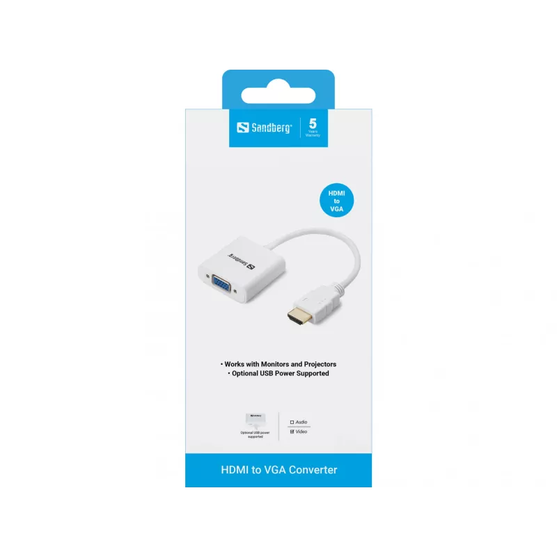 Sandberg HDMI na VGA konvertor, VGA (D-Sub), HDMI typ A (štandard), konektor samec, konektor samica, biela, RoHS