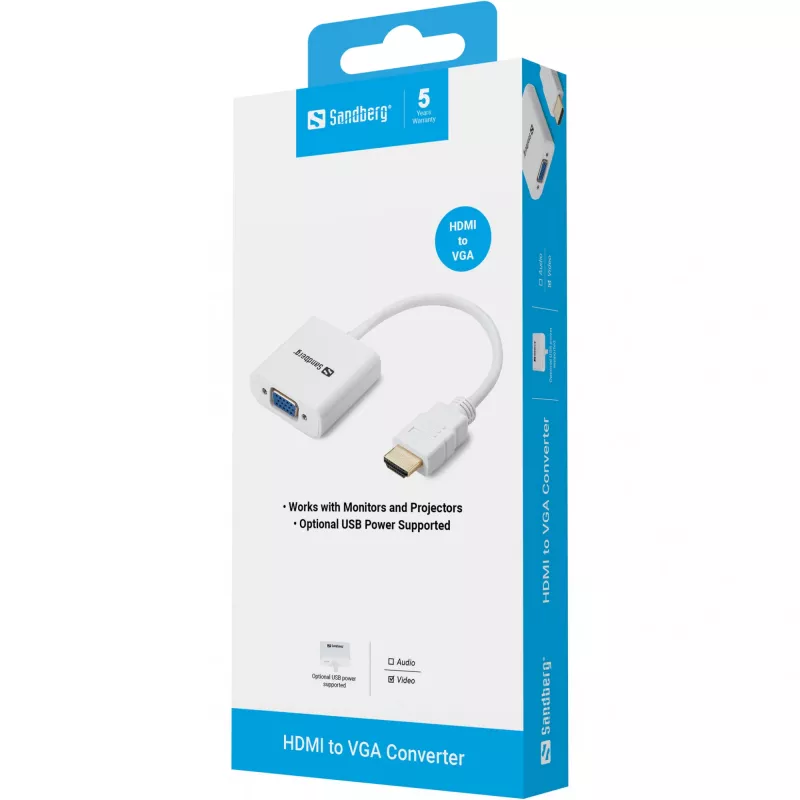 Sandberg HDMI na VGA konvertor, VGA (D-Sub), HDMI typ A (štandard), konektor samec, konektor samica, biela, RoHS