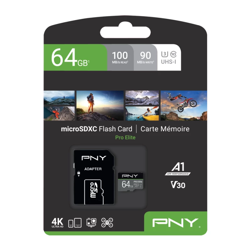 PNY Micro-SD Pro Elite 64 GB Class 10 UHS-I U3 A1 V30 SD adaptér
