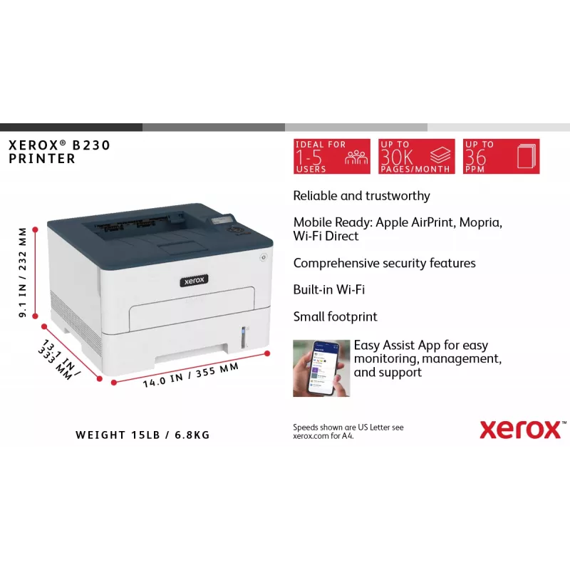 Xerox B230 A4 34ppm Wireless Duplex tlačiareň PCL5e/6 2 papierové zásobníky celkom 251 listov