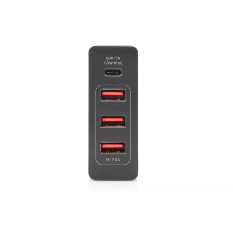 DIGITUS 4-portová USB nabíjačka, 72 W 1x USB-C (PD) 5,9,15,20 V/3 A, 3x USB-A 5 V/2,4 A, čierna