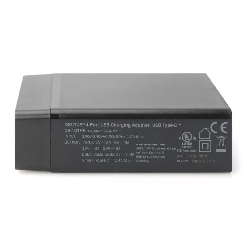 DIGITUS 4-portová USB nabíjačka, 72 W 1x USB-C (PD) 5,9,15,20 V/3 A, 3x USB-A 5 V/2,4 A, čierna