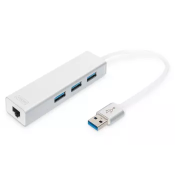 DIGITUS USB 3.0, 3-portový hub & Gigabit LAN adaptér 3xUSB A/F, 1xUSB A/M, 1xRJ45 LAN podporuje Windows a Mac OS
